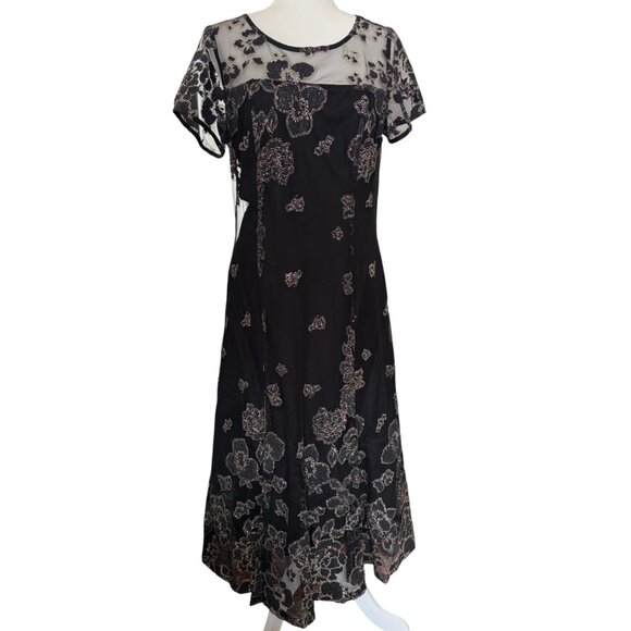 Women's Sequin Fit and Flare A-Line Midi Dress Glitter Black Gold Size 10 - Picture 2 of 7